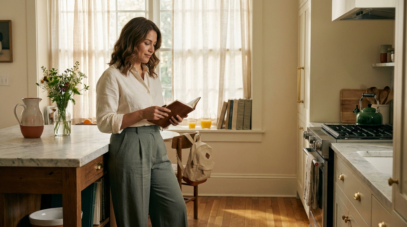 A professional house manager reviewing her notebook in a sunlit family kitchen — HUM Home placement