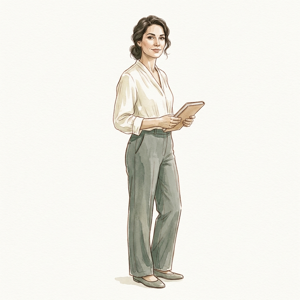 Editorial illustration of a HUM Home house manager — calm under chaos, anticipates, builds systems, brings presence